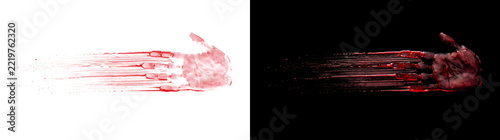Bloody handprint dragged sideways with long horizontal streaks and tiny splatter in PNG, Transparent and Black Background Versions for horror designs