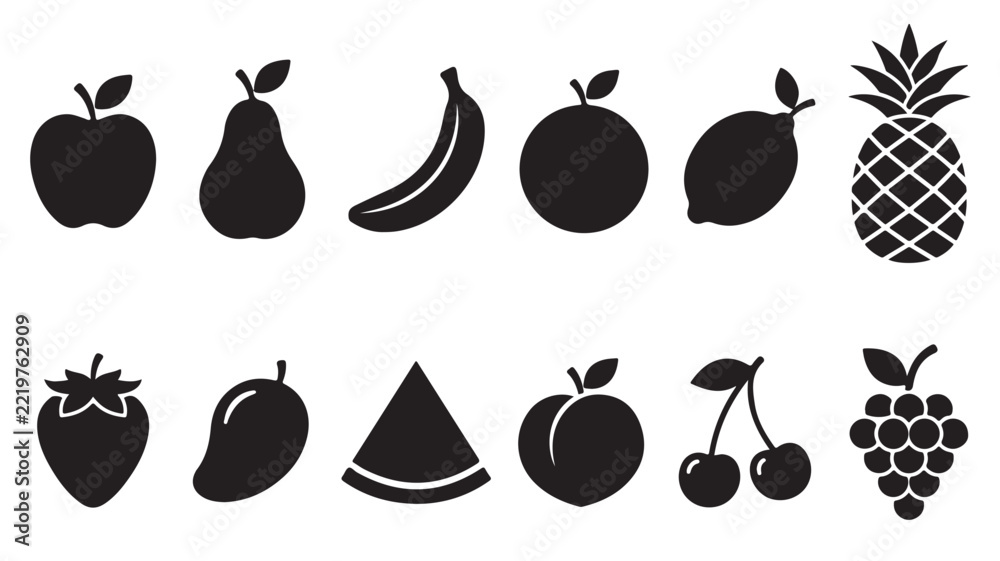Fototapeta premium Black silhouette vector graphic illustration set of various delicious fresh fruits including apple pear banana orange pineapple strawberry