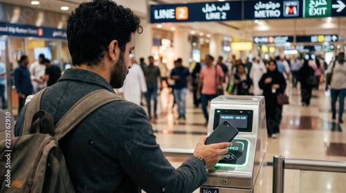 Middle Eastern male commuter holding a modern smartphone to tap its back against a metro turnstile contactless sensor