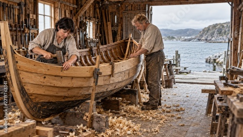 Two Craftspeople Building a Wooden Boat inside a Coastal Timber Workshop