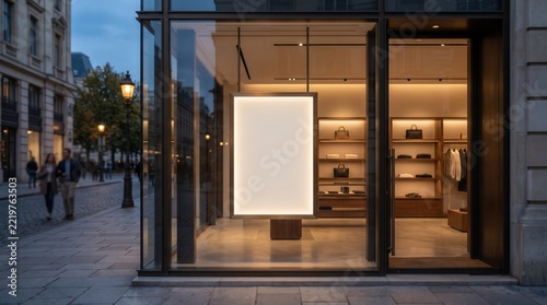 Sleek glass front retail store window featuring a clean illuminated promotional panel display with warm interior lighting and street view reflections