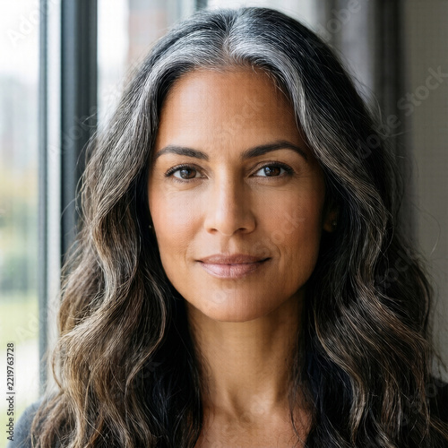 Mature woman with long silver gray hair gazes toward the camera from a softly lit room celebrating the natural elegance of aging and confidence in later life
