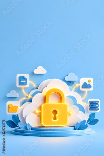 AI-generated 3D Papercraft Padlock Protecting Digital Cloud, Cybersecurity and Cloud Data Security Concept