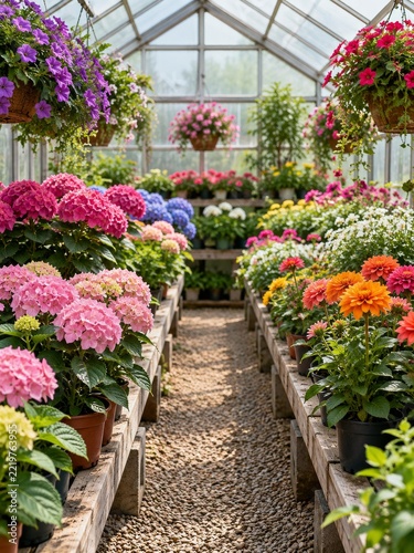 Colorful flowering pots lining greenhouse benches under soft diffused light