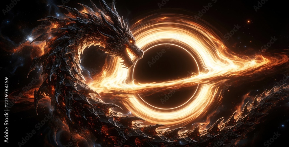 Fototapeta premium Fantasy dragon meets black hole in deep cosmos. Massive mythical creature flies through glowing space nebula near celestial singularity. Dark dragon with fiery scales orbits bright ring of light in