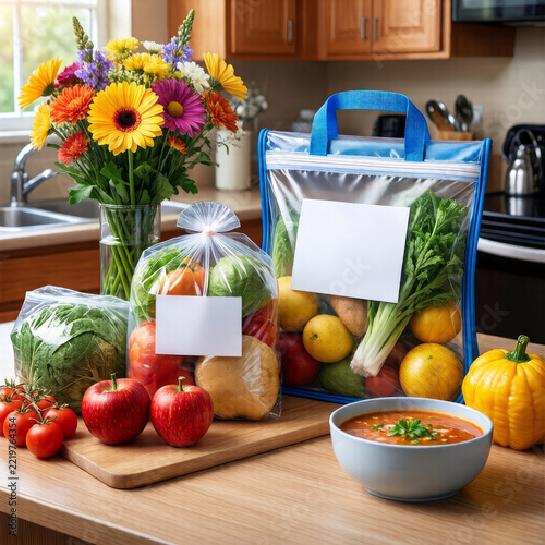 Bottled water fruit vegetables and pantry essentials form a preparedness display on a wooden kitchen table beside a vase of flowers in soft natural daylight