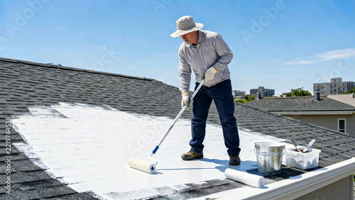 Worker wearing a broad hat stands on a flat rooftop applying white coating with a long roller to reflect sunlight and protect the building from weather over time