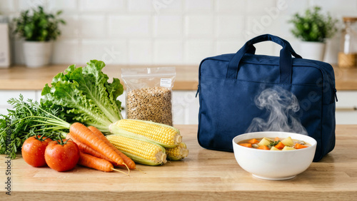 Kitchen counter holds fresh carrots potatoes a bowl of food and a dark insulated backpack illustrating packed provisions ready for a trip or an organized family meal