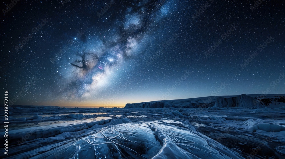 Fototapeta premium Majestic Milky Way galaxy stretches across dark night sky over frozen arctic landscape. Bright stars, cosmic nebula glow above icy mountains, cracked glaciers. Vast celestial panorama shows beautiful