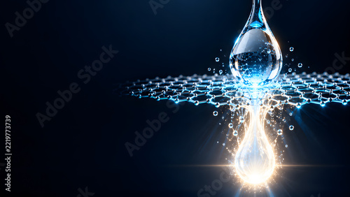 AI-generated 3D Water Droplet Passing Through Glowing Neon Hexagonal Graphene Mesh, Nanotechnology Concept