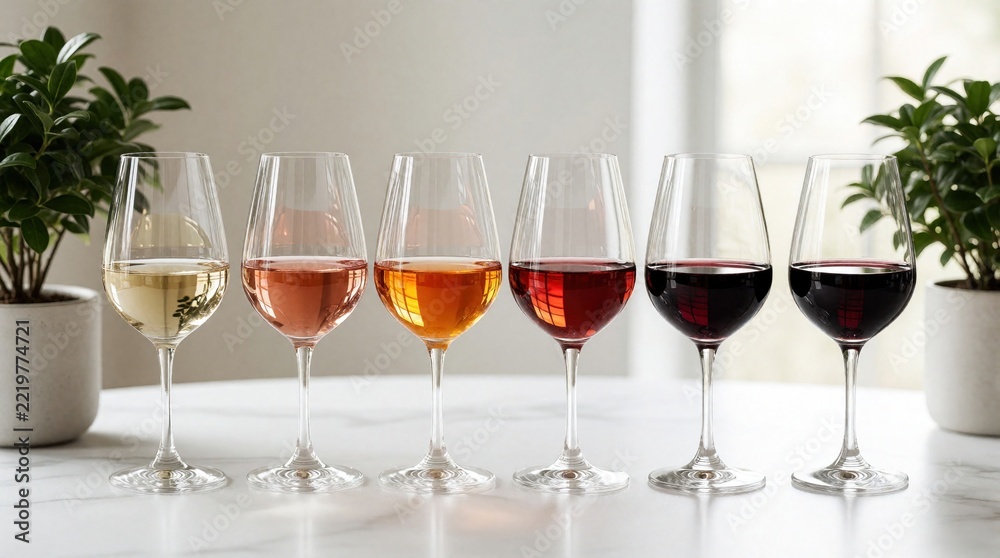 Fototapeta premium Six wine glasses filled with white rose orange, red wines stand in row on marble table. Diverse alcoholic beverage selection includes various colors for tasting. Potted green plants decorate bright