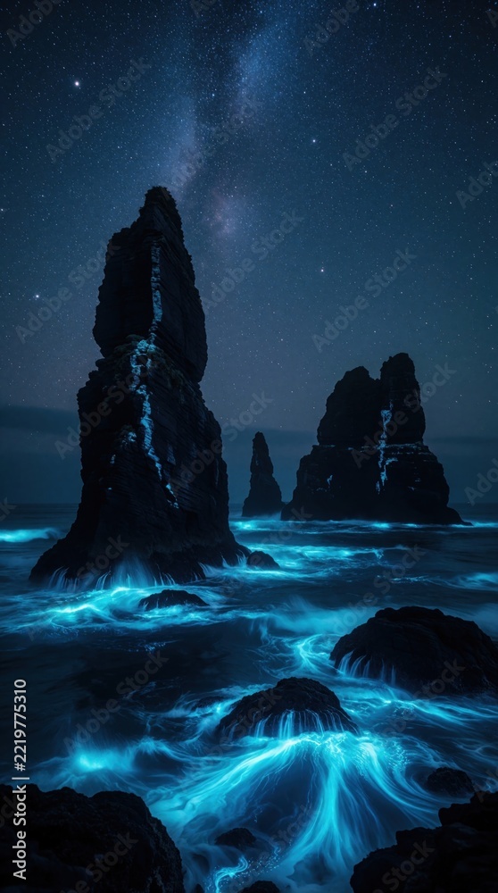 Fototapeta premium Bioluminescent ocean waves glow blue around dark sea stacks under starry night sky. Milky Way shines above rocky coastal landscape. Magical glowing water hits stones in dark sea with celestial stars