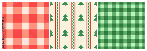 Set of holiday seamless patterns with vichy gingham checks and christmas trees. Vector flat backgrounds for textile, stationery or wrapping paper