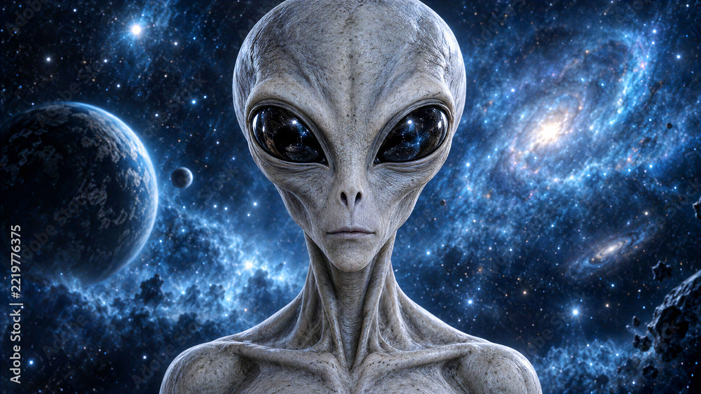 Fototapeta premium Portrait of a grey alien in deep space with planets and galaxies