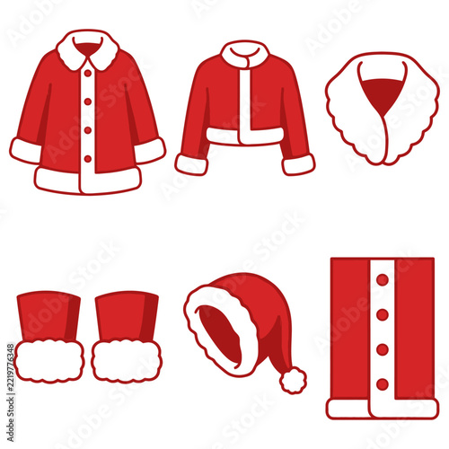 Bright red vector icons of holiday clothing including coat, sweater, scarf, boots, hat, and gift box for festive winter themes.