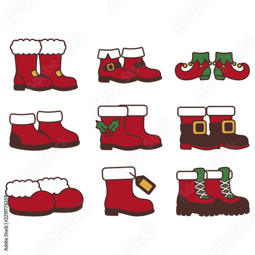 Colorful collection of red boots decorated with Christmas-themed accessories like holly, snowflakes, and bells for holiday designs.