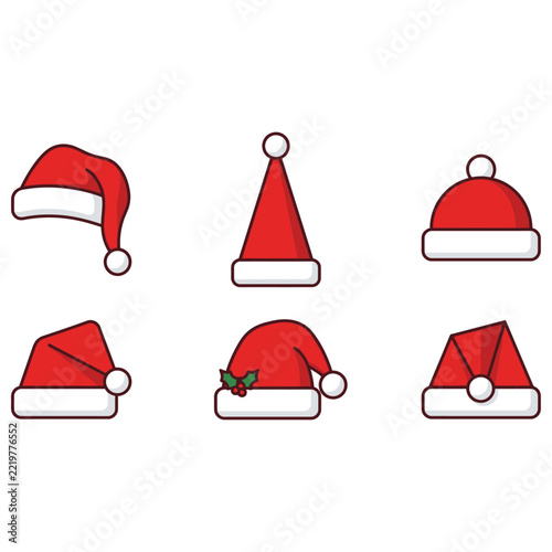 A cheerful collection of six Santa hats in vibrant red with playful designs, perfect for holiday-themed projects and illustrations.