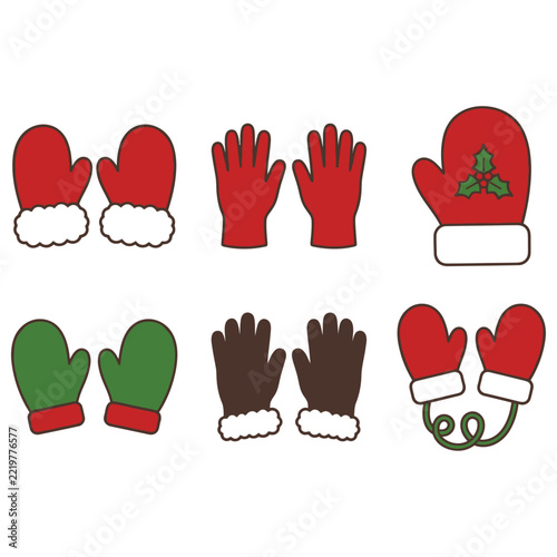 Bright and cheerful vector icons of six different winter mittens and gloves in red, green, and black.