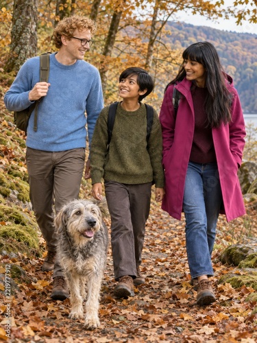 Family walking with a shaggy gray dog along a leafy autumn woodland trail