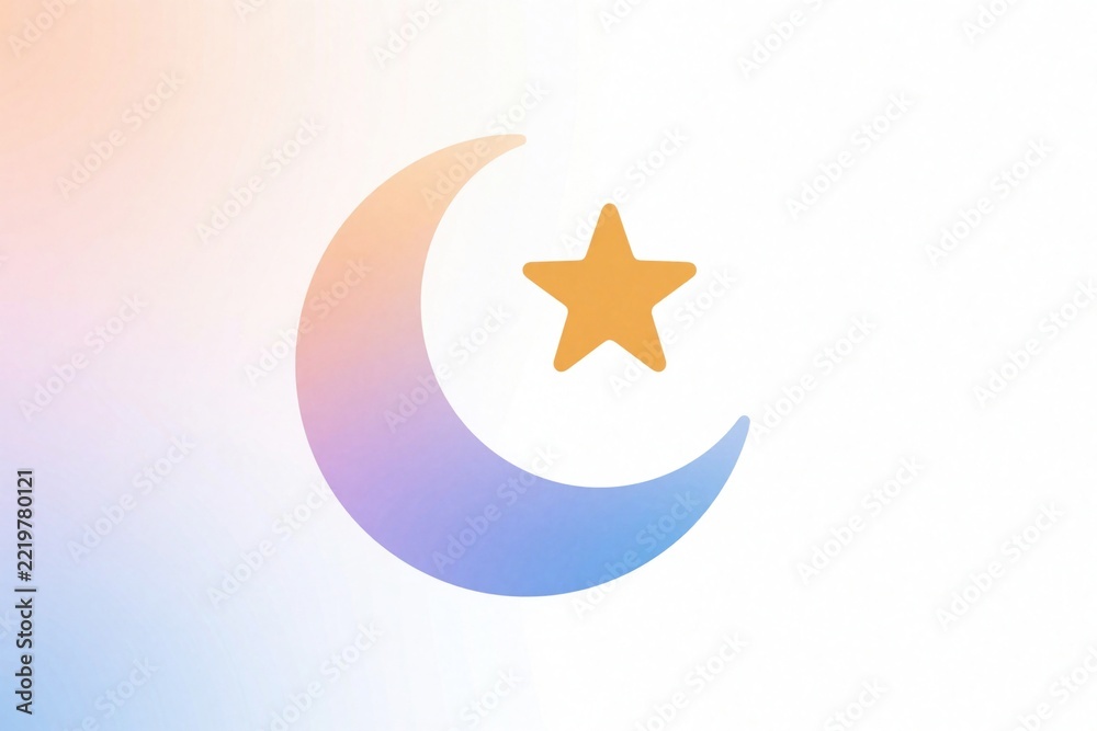 Fototapeta premium Minimalist crescent moon, star icon on soft gradient background. Celestial symbol for mindfulness, meditation, sleep apps. Dreamy graphic element for astrology, zodiac, wellness design. Calm cosmic
