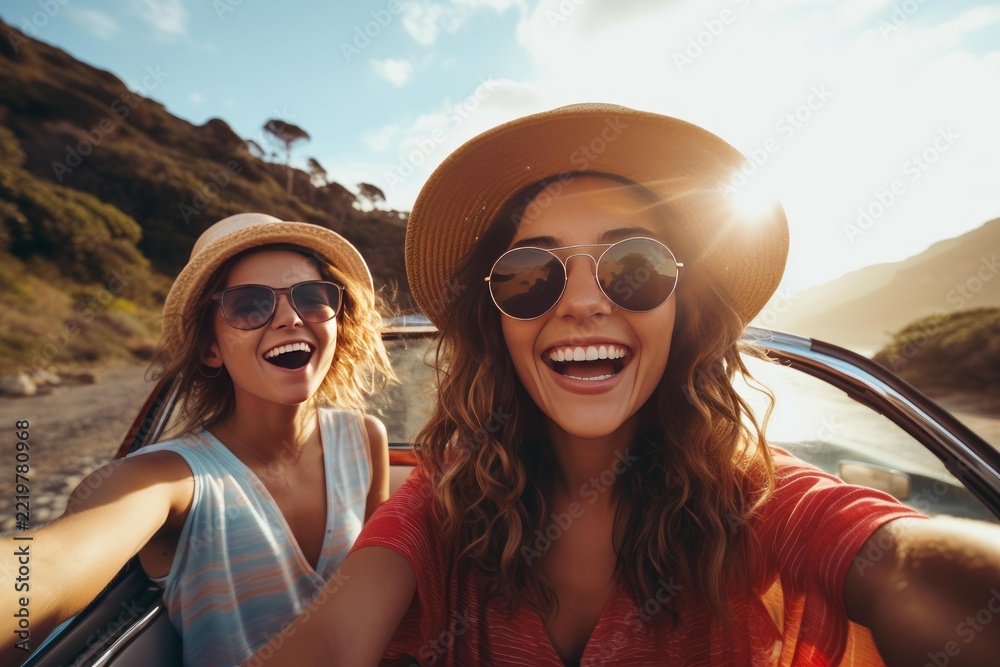 Naklejka premium Two cheerful young women in hats and sunglasses experiencing joy and freedom during a summer road trip, taking a self portrait while driving along a sunny, mountainous coast
