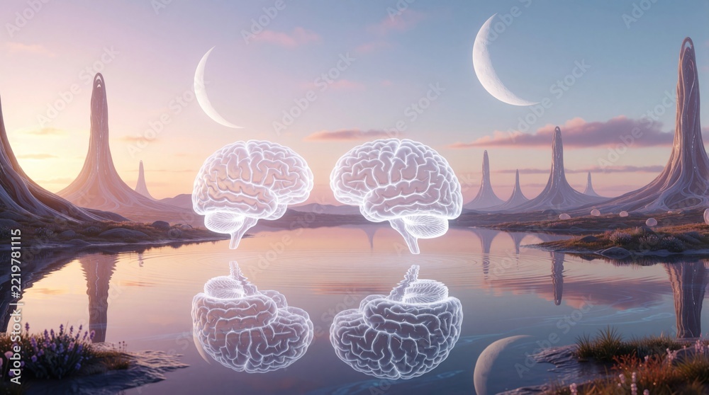 Fototapeta premium Two glowing human brains float above calm alien lake at dawn. Surreal landscape features strange rock formations, crescent moons in pastel sky. Reflection of minds appears in still water. Concept of