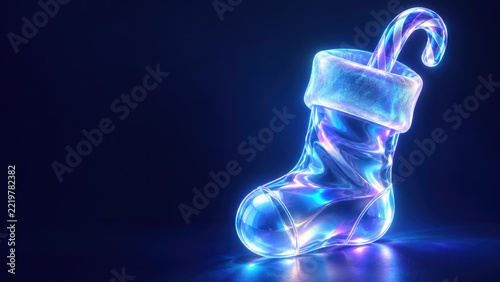 Christmas stocking, holographic glowing candy cane on dark background