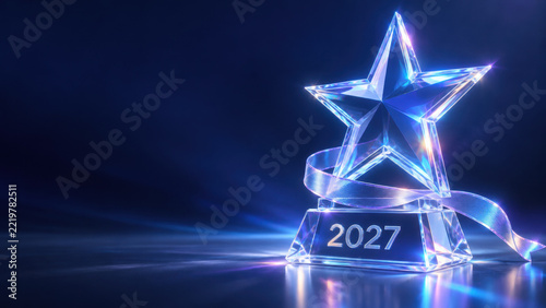 Crystal star award trophy in blue with luminous celebratory glow