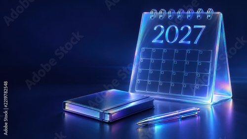 Calendar, notebook, pen, blue neon light on reflective surface