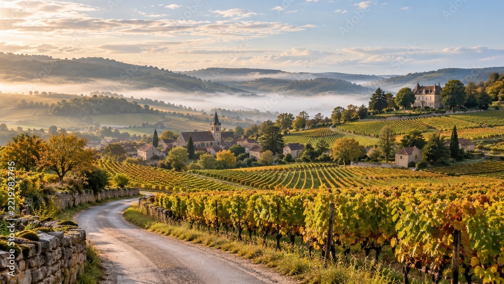 Fototapeta premium Autumn vineyard rows following hills toward a misty stone village