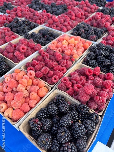 fresh berries, raspberries and blackberries, at the farmer's market, Utah fruit