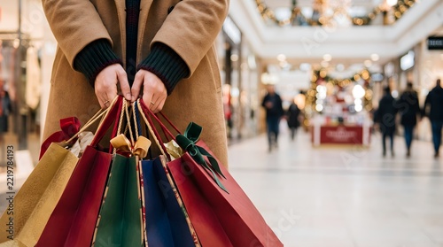 Closeup of person holding multiple colorful shopping bags in a mall