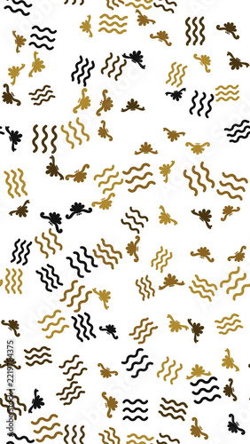 Seamless pattern of wavy lines and floral motifs in black and gold