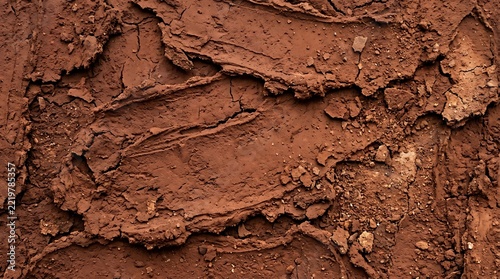 Textured brown clay earth with deep imprints and granular particles, showcasing natural ground surface details