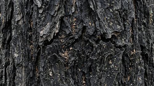 Close up macro view of dark textured tree bark showing intricate patterns and rough surface details
