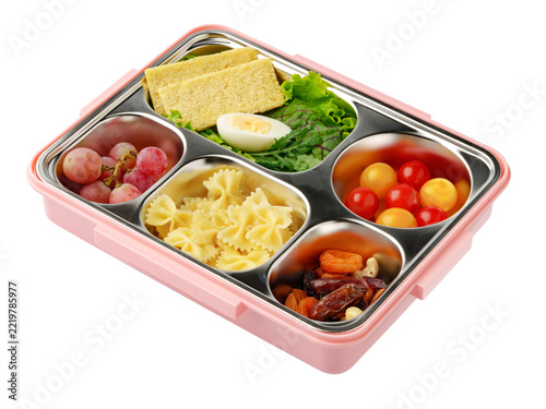 Colorful lunchbox with various foods arranged in containers and compartments