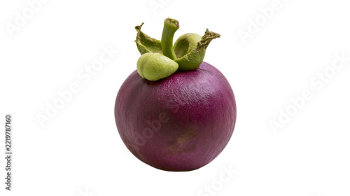 Fresh whole purple mangosteen fruit with green stem and calyx