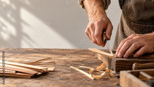 Artisan hands trimming thin wood pieces for a decorative workshop project