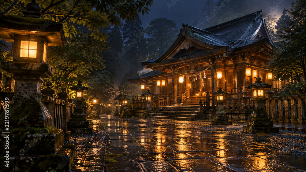 Fototapeta premium 雨上がりの夜に灯籠の光が映る静かな日本の神社