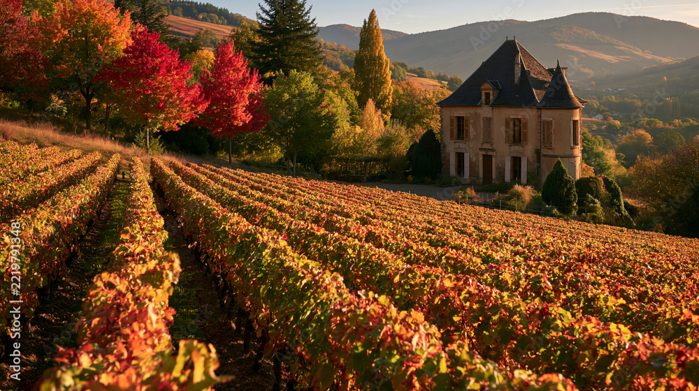Naklejka premium a picturesque vineyard scene during autumn. The main subject is a row of grapevines in full bloom, displaying vibrant red, orange, and yellow hues.