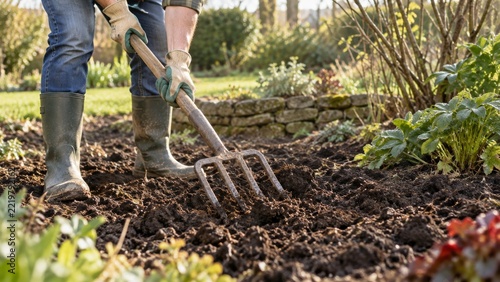 Gloved hands loosening dark soil with a wooden handled garden fork