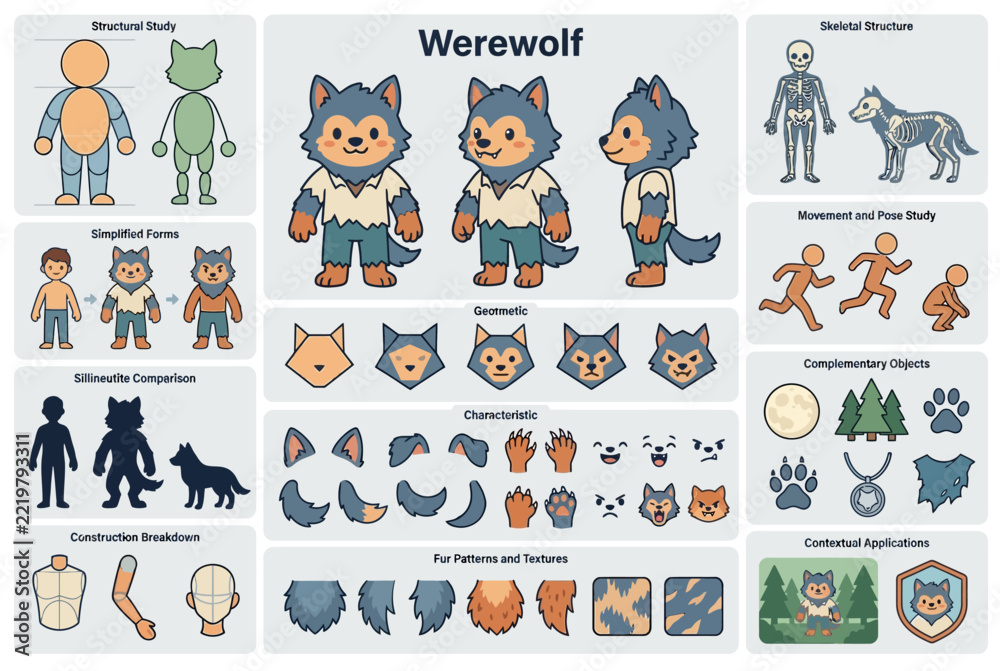 Fototapeta premium Character design sheet for a werewolf with various poses.