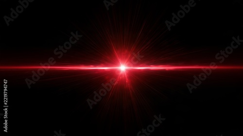 Bright red light beam shining brightly across dark background with radial rays emanating from center point