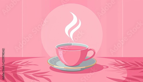 A stylized pink cup of hot beverage steams gently on a saucer against a pastel pink background.