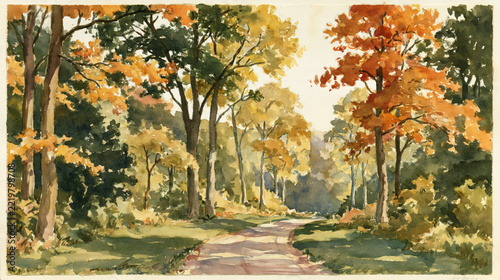 a serene autumn forest scene. The impressionistic style features loose brushstrokes and a focus on capturing the essence of the scene rather than intricate details.