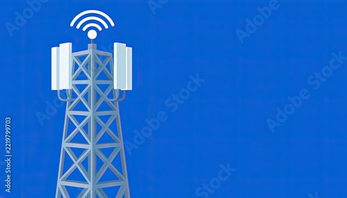 A graphic illustration of a telecommunications tower transmitting signals.