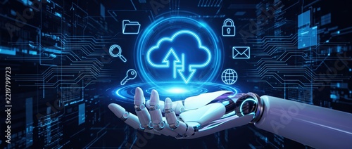 futuristic robotic hand interacting with cloud technology icons