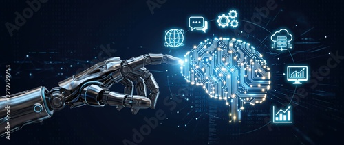 robotic hand interacting with digital brain and technology icons