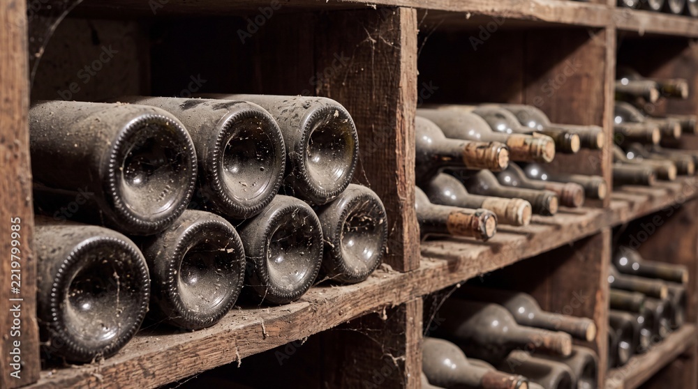Naklejka premium dusty vintage wine bottles stored in wooden racks inside a historic cellar