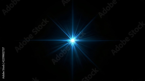 Bright blue star burst with glowing light rays against a dark background creating dramatic digital graphic effects